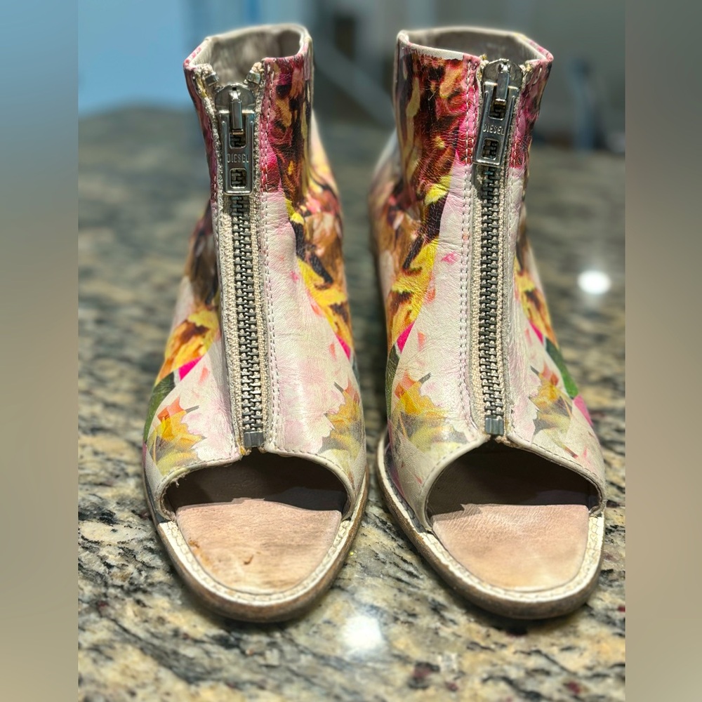 Diesel Floral Distressed Leather open toe ankle booties women size 38
